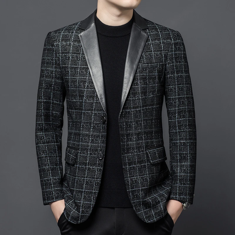 

Gentleman Plaid Leather Blazers For Men Sheepskin Suits Slim Fit Winter Quality Soft Comfortable Easy Care Silky Terno Masculino