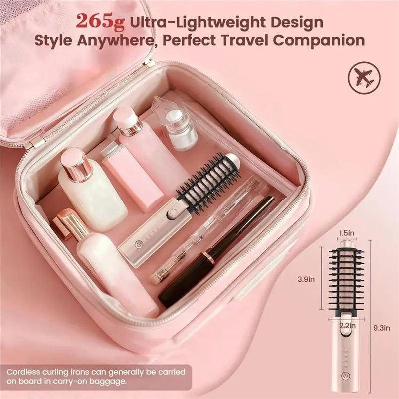 B02C-Cordless Rechargeable Hair Curling Iron Brush, Portable Travel Curler Heated Round Brush Straightening Wand