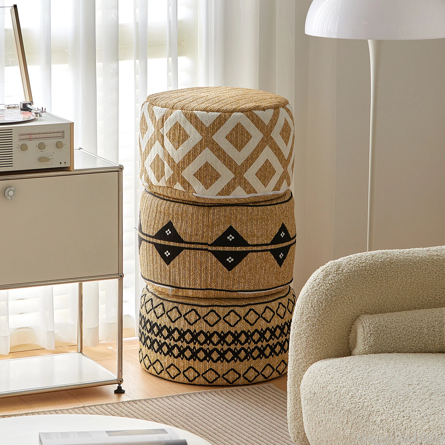 

Bohemian Moroccan Pouf Ottoman, Handwoven Floor Cushion for Living Room, Boho Chic Footstool