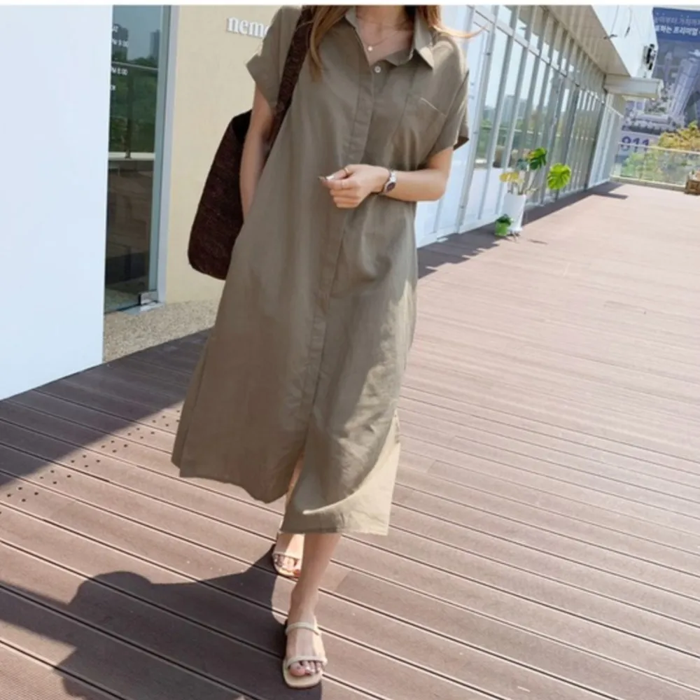 여름 코튼 린넨 싱글 브레스티드 셔츠 드레스 여성용 원 포켓 하이 웨이스트 캐주얼 루즈 레이스업 레이디 드레스 여성 베스티도스