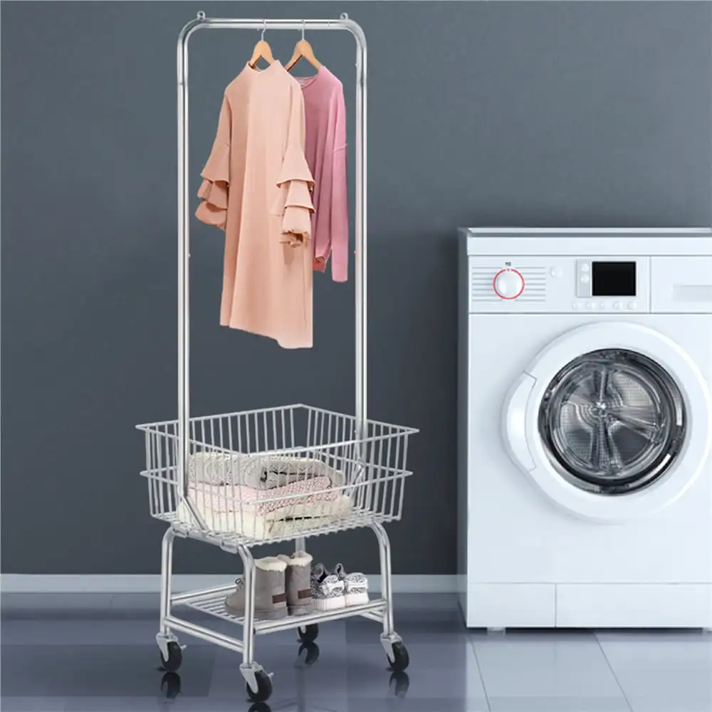 3-Tier Rolling Laundry Cart with Double Pole Rack and Bottom Shelf