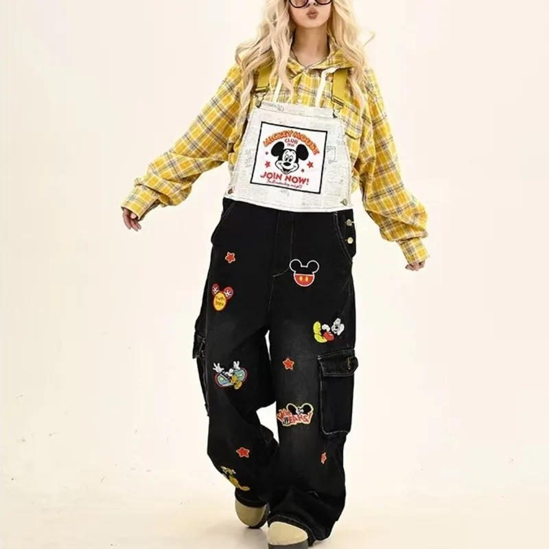 Disney Mickey Mouse American Style Vintage Jeans Fun Cartoon Embroidery Men Women Loose Overalls Trendy Versatile Denim Jumpsuit