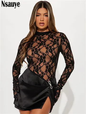 Nsauye 2025 Nieuwe Mode Elegante Sexy Kant Zien Door Korte Nachtclub Avondjurk Party Wrap Satijnen Winterjurk Met Handschoenen