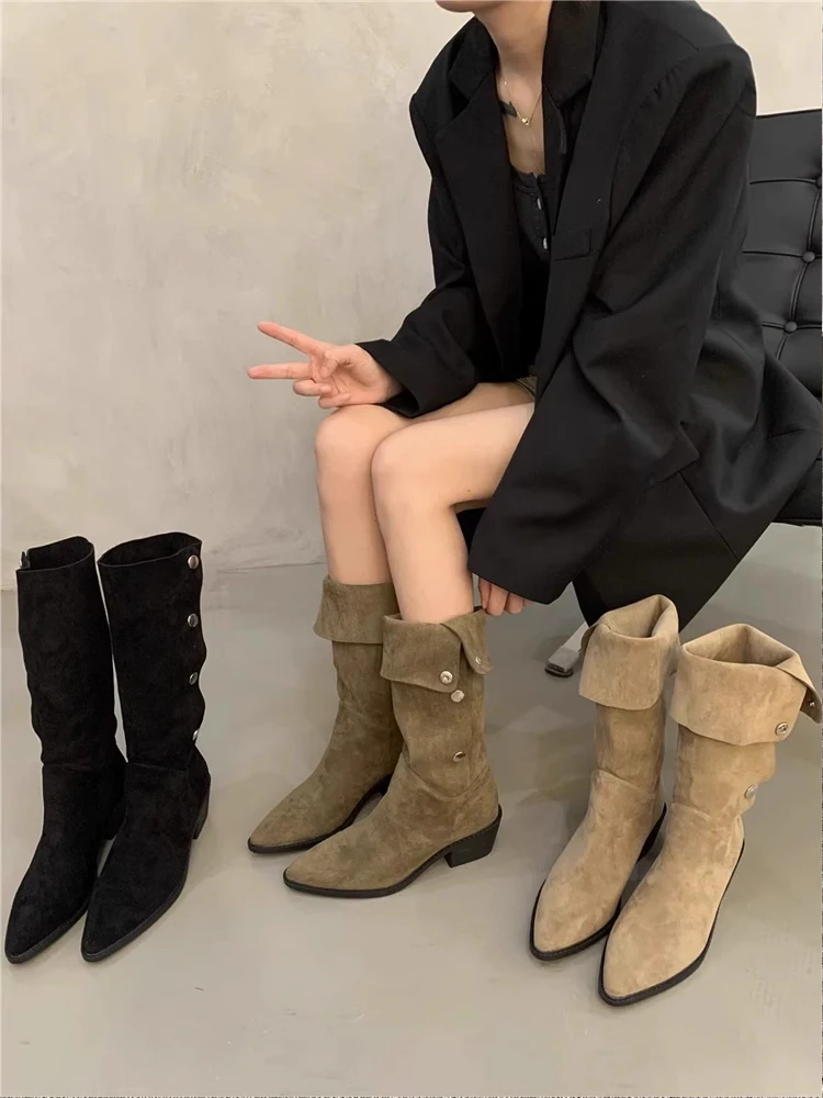 

Women's Pointed Toe High Top Brown Boots Autumn Winter Knight Boots Western Cowboy Long Boots Korean Sle ort Tube
