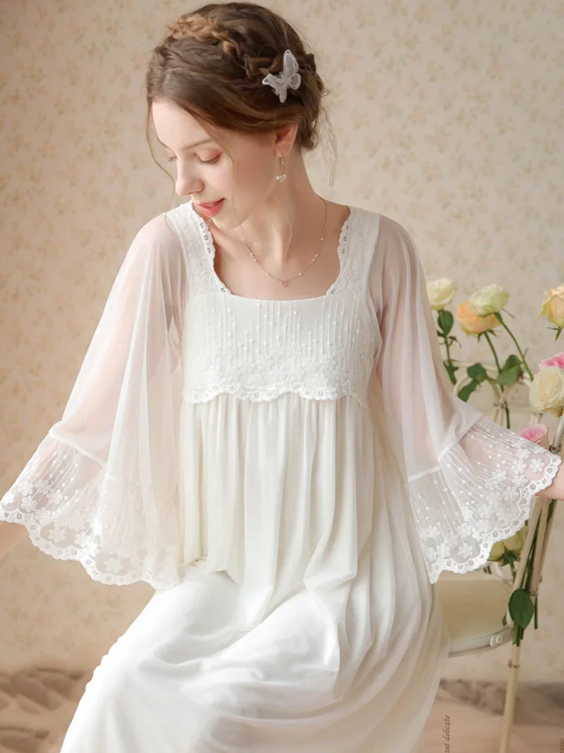 White Fairy Sweet Mesh Princess Nighty Dress Flare Sleeve Embroidery Lace Peignoir Nightwear Victorian Nightgowns Sleepwear