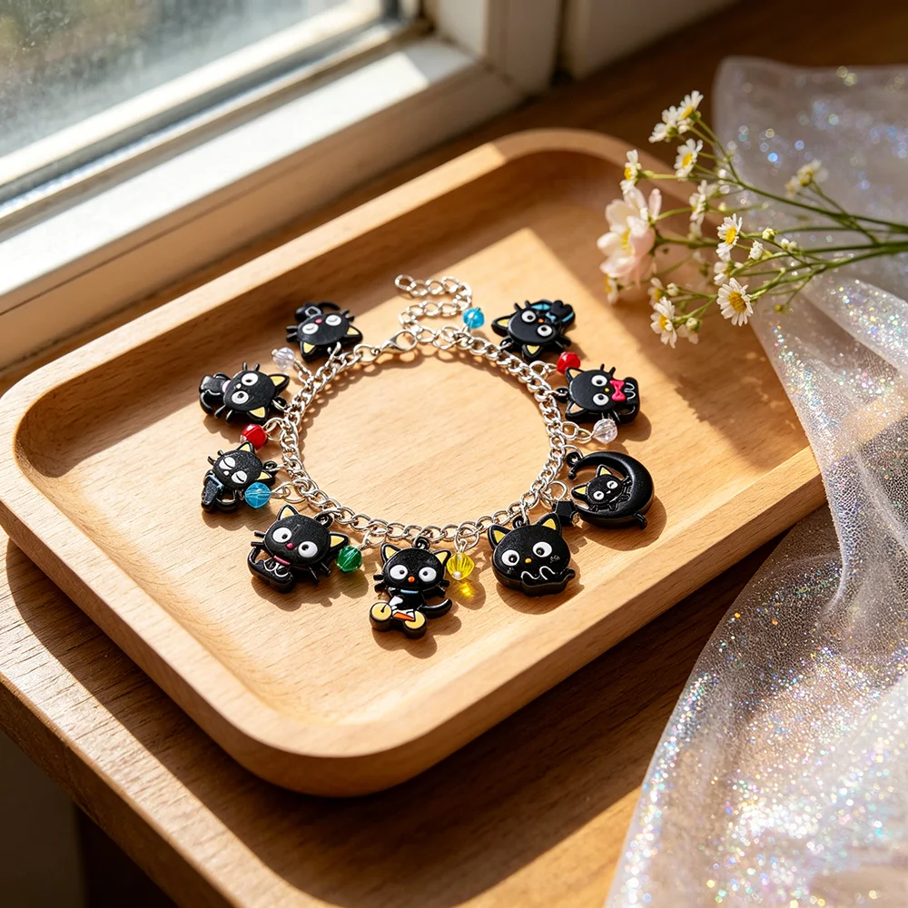 Kawaii Chococat Inspired Black Cat Charm Bracelet with Moon 