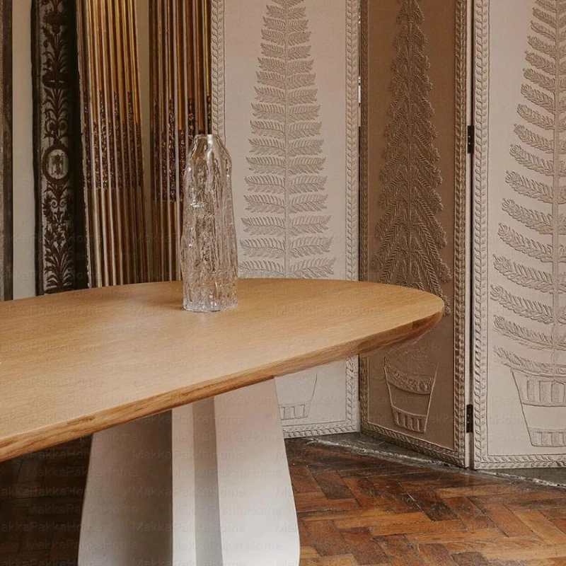 

French retro style oval solid wood dining table designer creative household medieval cream style petal art dining table