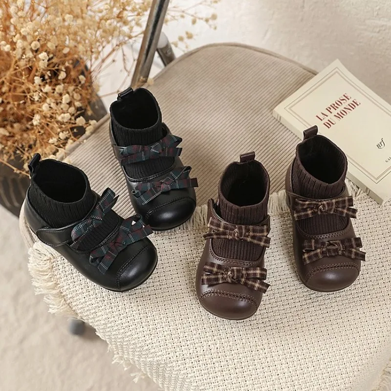 2026 Autumn Winter New Kids Short Boots Girls Fashion Casual Socks Boots Princess Children's Trend Leather Shoes Black Versatile