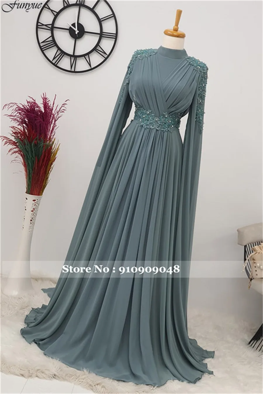 Funyue A-Line Chiffon Appliques Beads Prom Dresses Long Muslim Evening Gowns Dubai Arabic Formal Wedding Guest Dresses for Women