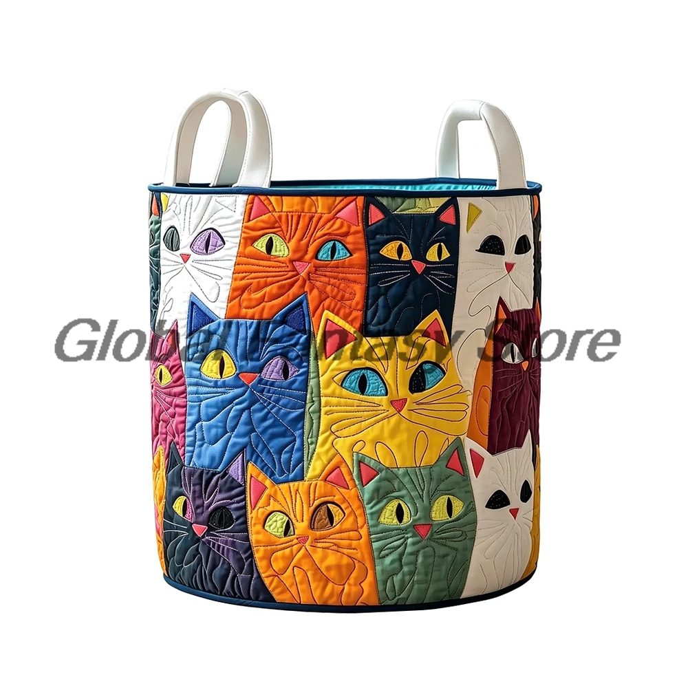 Art Style Colorful Cats Pattern Quilted Laundry Basket Clothes Foldable Storage Bin Home Organizer Hamper with Handles
