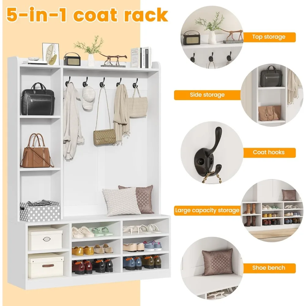 مقعد مدخل متعدد الوظائف 5 في 1 مع مساحة تخزين الأحذية ورف المعاطف وخطافات تعليق للتنظيم الأنيق