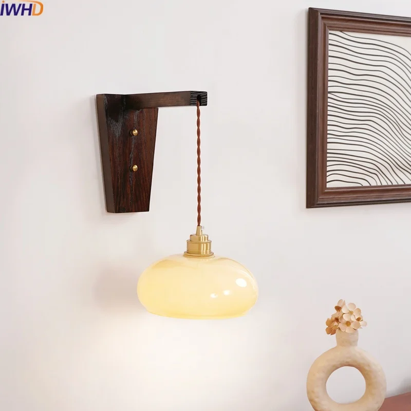 

IWHD Modern Style LED Wall Lamp Sconce Balcony Bedroom Living Room Glass Walnut Nordic Stair Light Fixtures Applique Murale