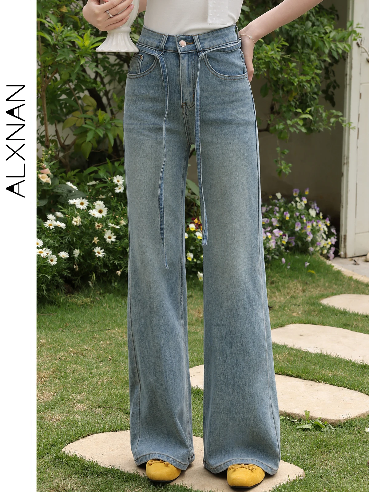 ALXNAN Ausgestellte Jeans für Damen, Vintage-Denim, Blau, hohe Taille, Jeans, 2022, Sommer, elegante Schnürung, schmale Passform, lange Hosen, weiblich, L53906