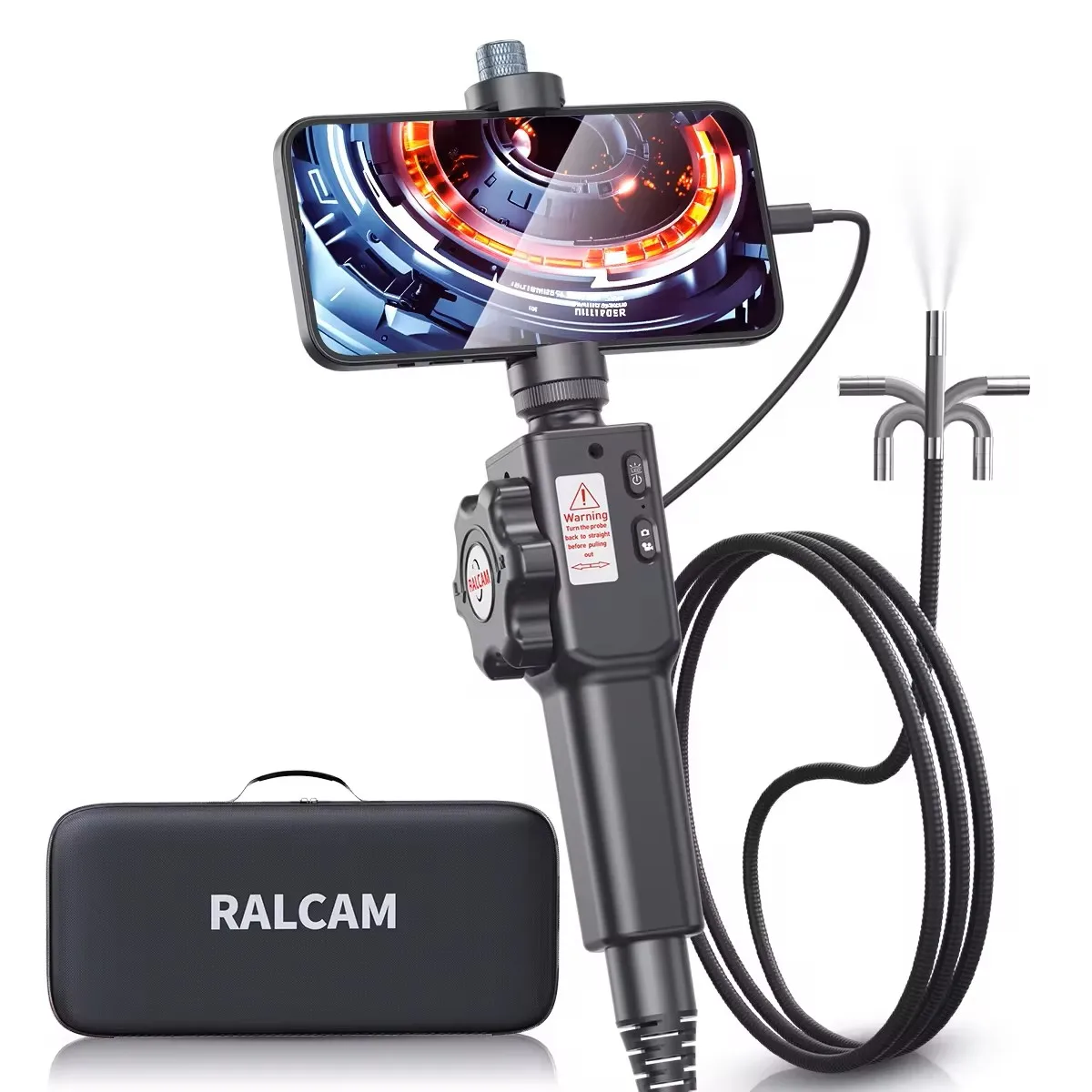 กล้องตรวจสอบแบบส่องกล้อง Ralcam 2-Way Articulating Borescope ขนาด 8.5 มม. ความละเอียด 2MP HD หมุนได้ 180 องศา °   กล้องส่องตรวจแบบมีหัวตรวจสอบที่สามารถควบคุมได้ พร้อมไฟ LED สำหรับ iOS และ Android