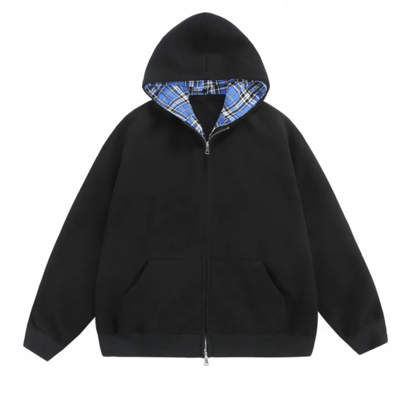 Y2K Harajuku Checkered Patchwork Sweatshirt Hoodie Jacket Men Punk Cardigan Usa Fake 2 Pcs Loose Autumn Unisex Casual Jacket New