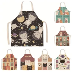 Cartoon cat linen apron home kitchen cooking sleeveless blouse men's cooking baking anti-fouling apron