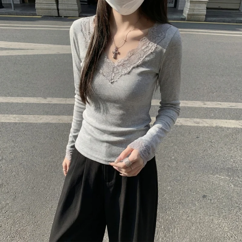 2026 Herbst Winter Damen T-Shirt V-Ausschnitt Spitzen-Top Weich Hautfreundlich Fleece-Gefüttert Langarm Thermo-T-Shirt für Layering – Detail 9