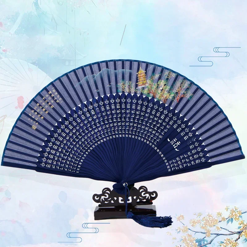 

Chinese style summer dance decoration folding fan，Bamboo Wood Silk West Lake Scenery Hand Fan，Outdoor portable gift folding fan