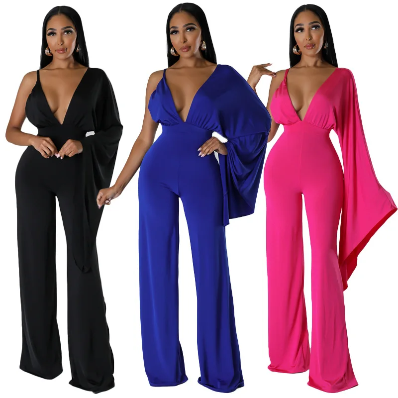 

Women Deep V-neck One Long Clock Sleeve Wide Leg Jumpsuit 2023 Fashion Cocktail Party Sexy One Piece Set Romper Playsuit