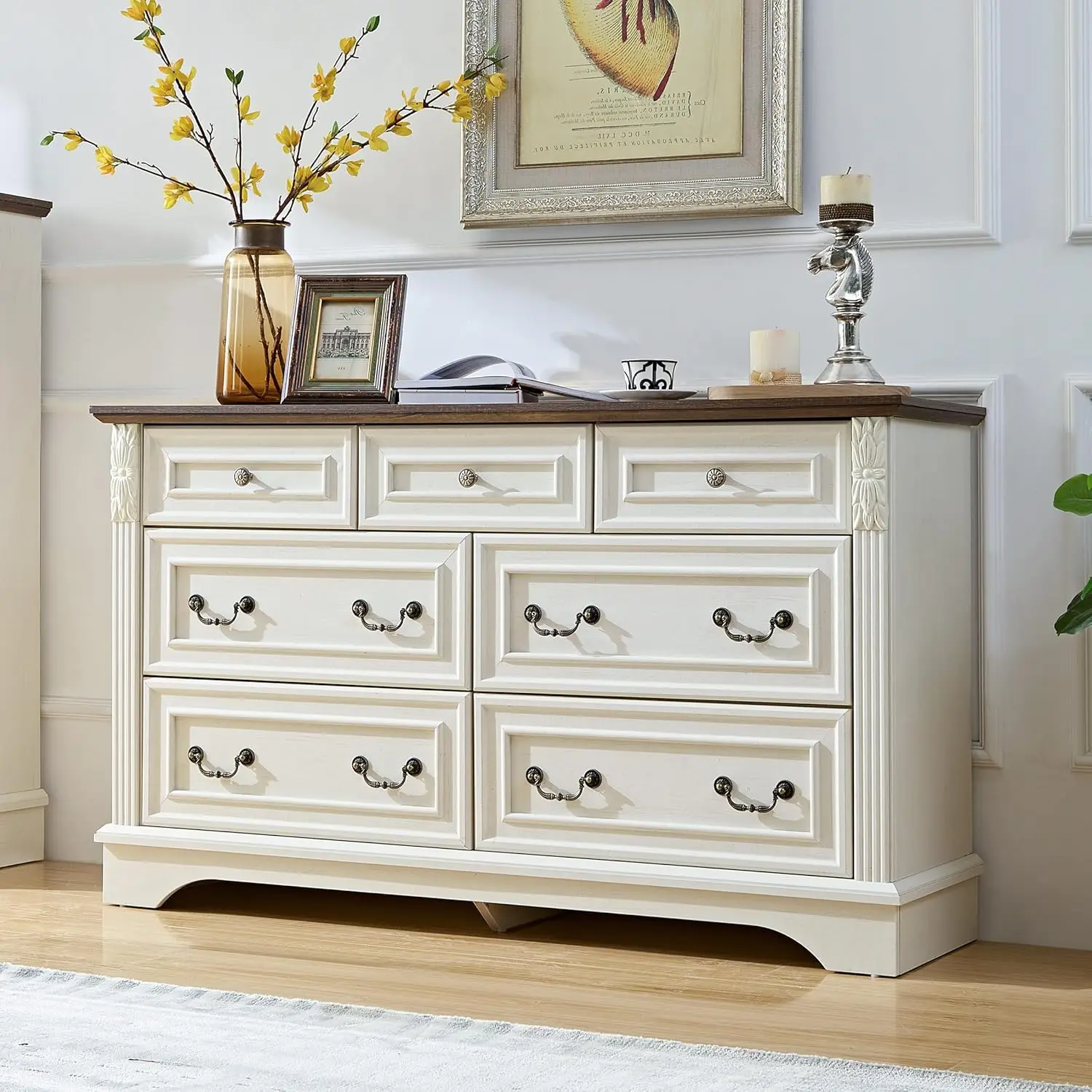 

Farmhouse 7 Drawers Dresser, Dressers for Bedroom, 54" Wide Wood Rustic Chest of Drawers with Carved Pilasters, Storage