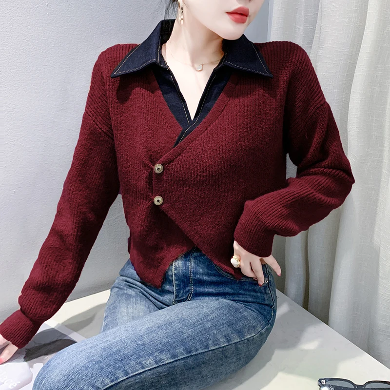 2024 Autumn/Winter New Loose Fake Two Piece Knitted Shirt Women's Polo Cowboy Splicing Outerwear Short Cardigan