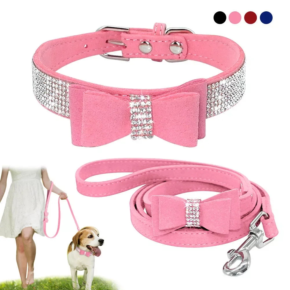

Rhinestone Dog Collar and Leash Soft Suede Bow Necklace for Puppy Cat Small Dogs