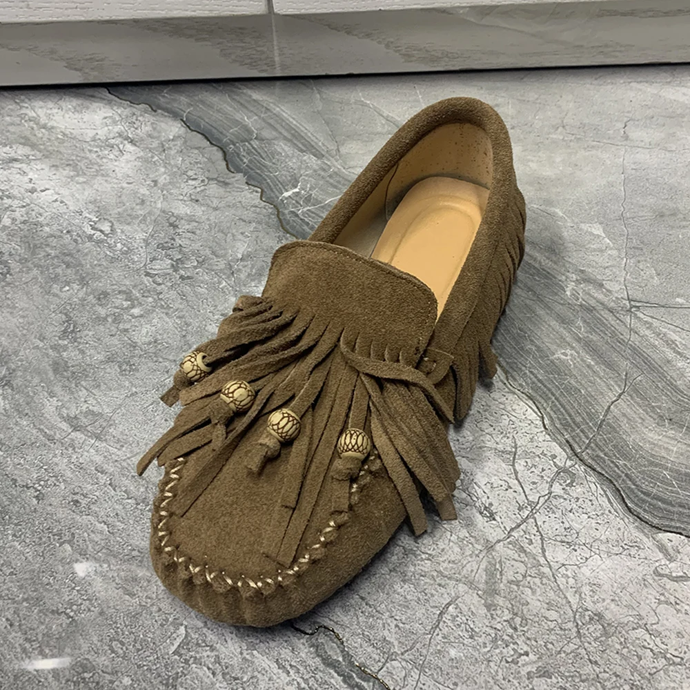 Fashion Leather Women Shoes Plus Size Casual Flat Mullers Antislip Female Loafers Tassels Designer Shoes