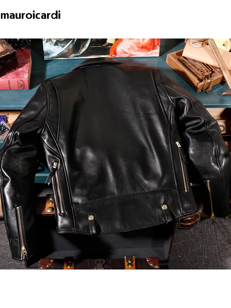 Mauroicardi Autumn Cool Handsome Short Black Hard Pu Leather Biker Moto Jacket Men Luxury Designer American Retro Clothing 2024