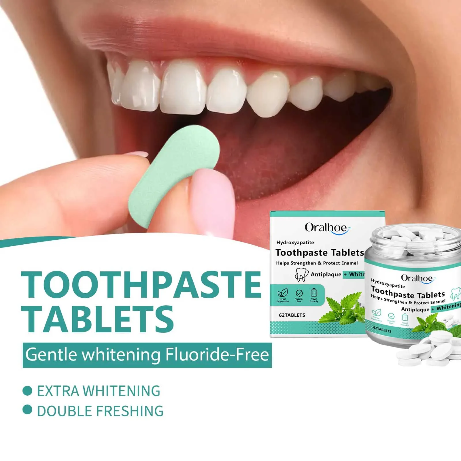62 tabletas de sabor a menta, tabletas de pasta de dientes que mejoran el mal aliento, elimina las manchas de humo, higiene bucal fresca, tableta de pasta de dientes sólida