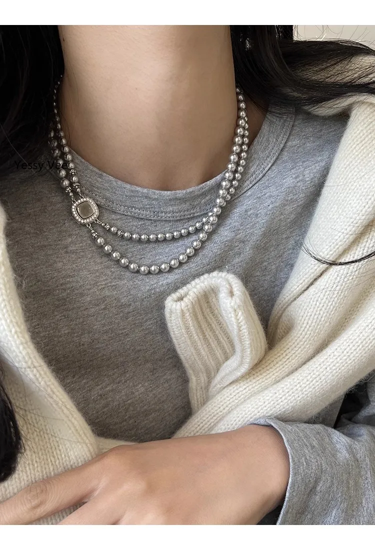 Yessy Vee Women Austrian Man-Made Pearl Necklace Original Design Shell Buckle Silver Gray Double Layer Necklace Top Quality