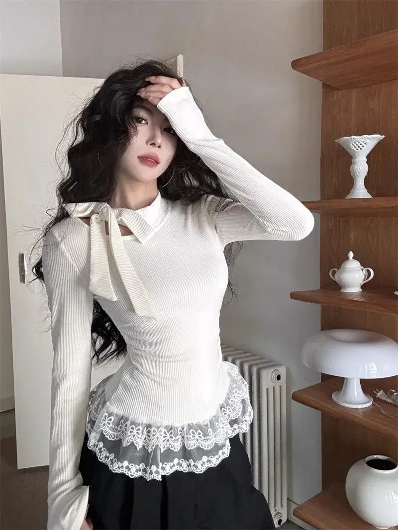 

Tied Bow Collar Long Sleeves Temperament Interior Base Sweater Spring New Lace Patchwork Slim Fit Women Pullover Spice Girl Top