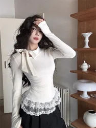 Tied Bow Collar Long Sleeves Temperament Interior Base Sweater Spring New Lace Patchwork Slim Fit Women Pullover Spice Girl Top