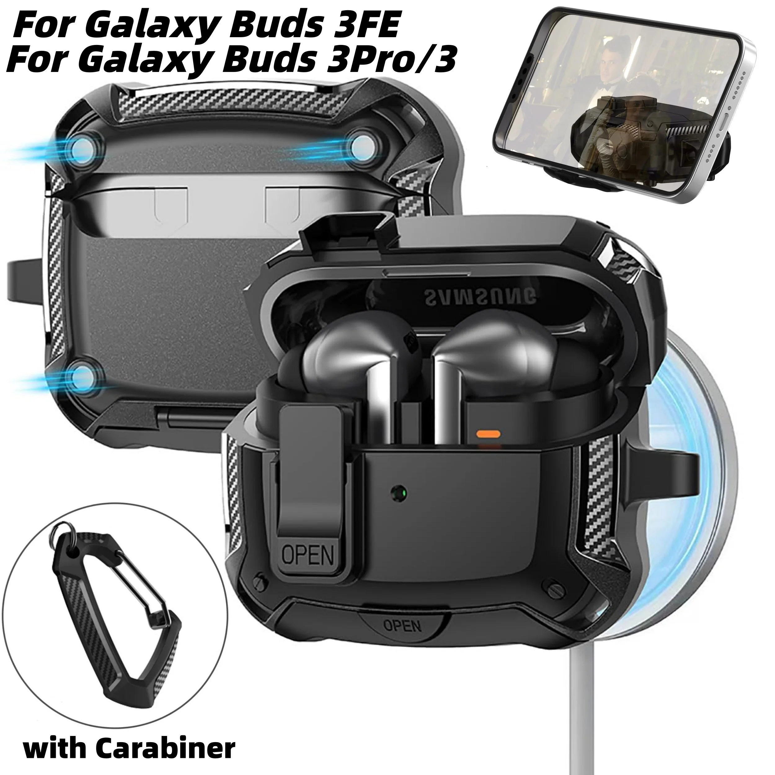 Phone Stand for Samsung Galaxy Buds 3 FE/Buds 3Pro/Buds 3 Earphone Case with Secure Lock Carbon Fiber Case for Buds 3 FE/3 Pro/3