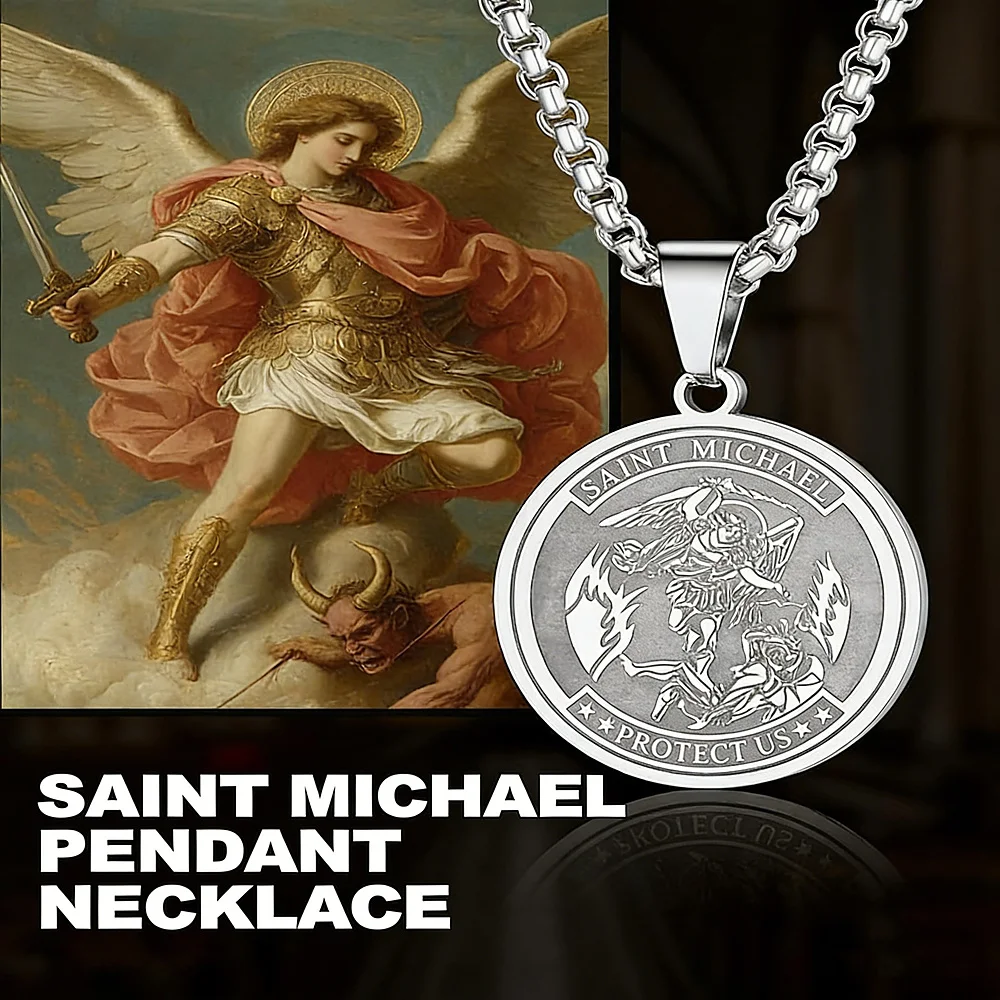 Round Archangel Michael Medal Pendant Necklace Black Color Stainless Steel Box Chain Necklace For Women Catholic Protection Mens