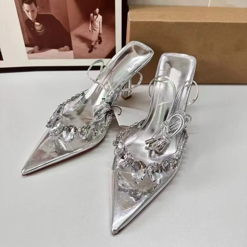 Summer Diamond 2024 Fashion Pointed PVC Sandals 6cm Thin Heel Shallow Cross Strap High Heel Sandals Woman Banquet Sandals 35-42