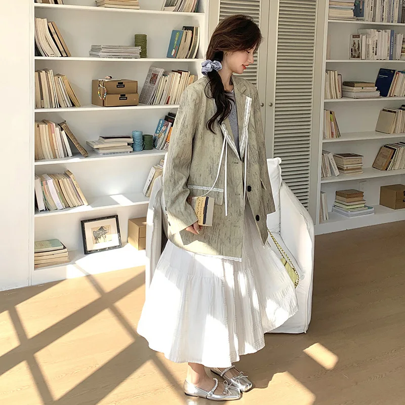 EAEOVNI Giacca da abito con fiocco in pizzo impiombato per donna Moda colletto dentellato Tasche con bottoni Cappotto giacca versatile 2025 Nuovo 1A1133