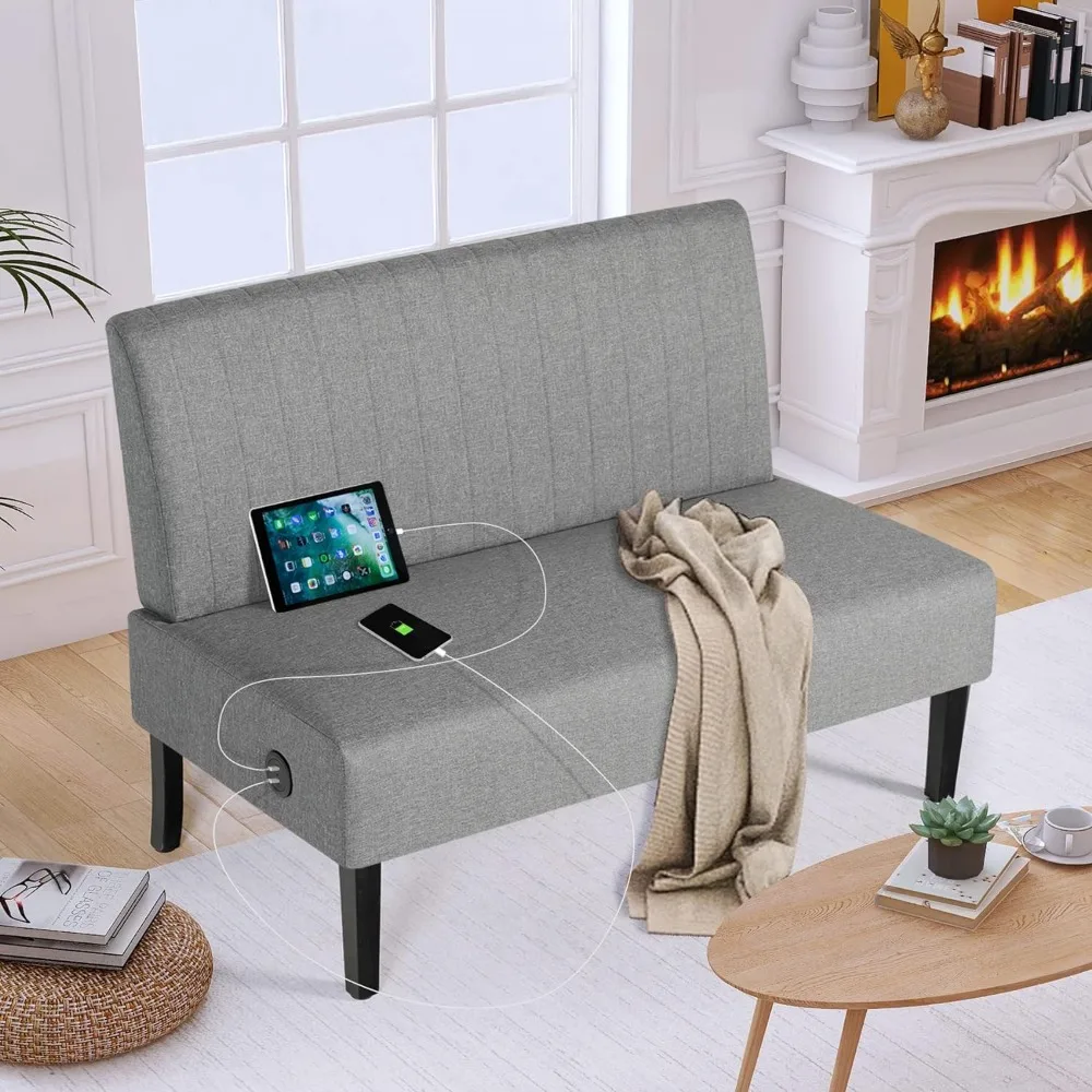 Mini Small Comfy Couch Armless Loveseat Sofa for Bedroom with USB Port, Velvet Small Couches for Small Spaces Living Room