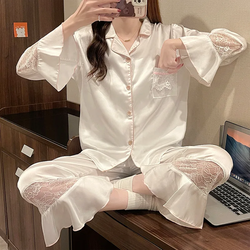 White Flare Sleeve Lace Pajamas Set Women Turn Down Collar Sleepwear Satin Silk Homeclothes Ladies Long 2Pcs Pyjamas Nightwear
