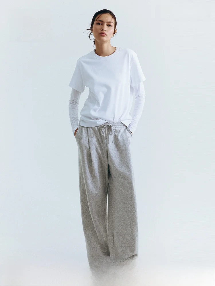 

Новые весенние женские брюки, плиссированные спортивные штаны спереди, широкие брюки, длинные брюки с талией, бренд H & M, 00% другой материал