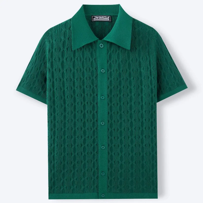 Summer New Trend Men Fashion Polo Shirt Light Luxury Textured Knit T-shirt American Style Short Sleeve Casual Cardigan Tops 2026