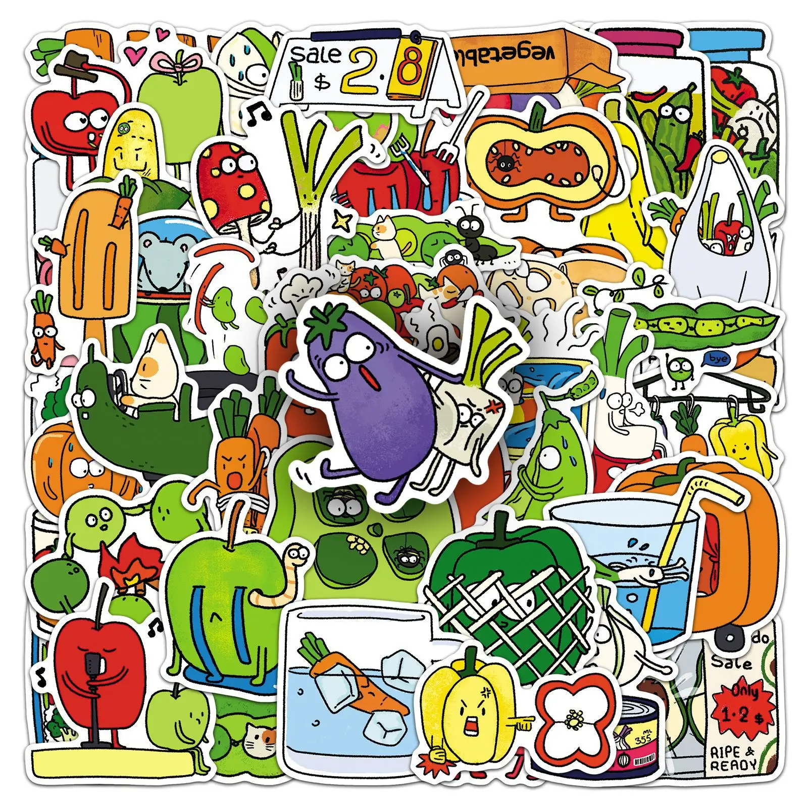 50 PCS Hand Drawn Funny Cartoon Food Vegetable Market Graffiti Stickers Decorate Fridge Luggage Lunch Box Helmet Vinyl Decals