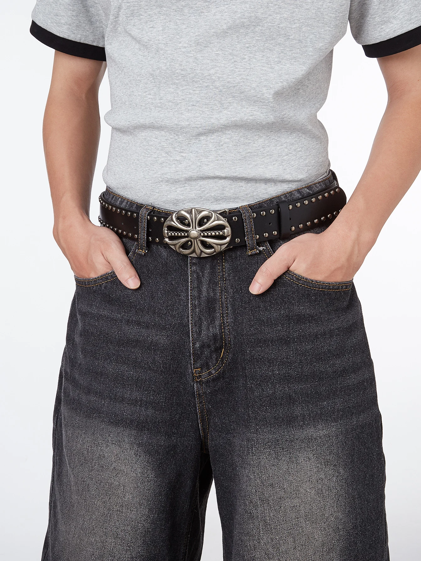 1pc Men's Y2K Punk Floral Cross Buckle Casual Black Jeans Belt, Versatile For Daily Wear