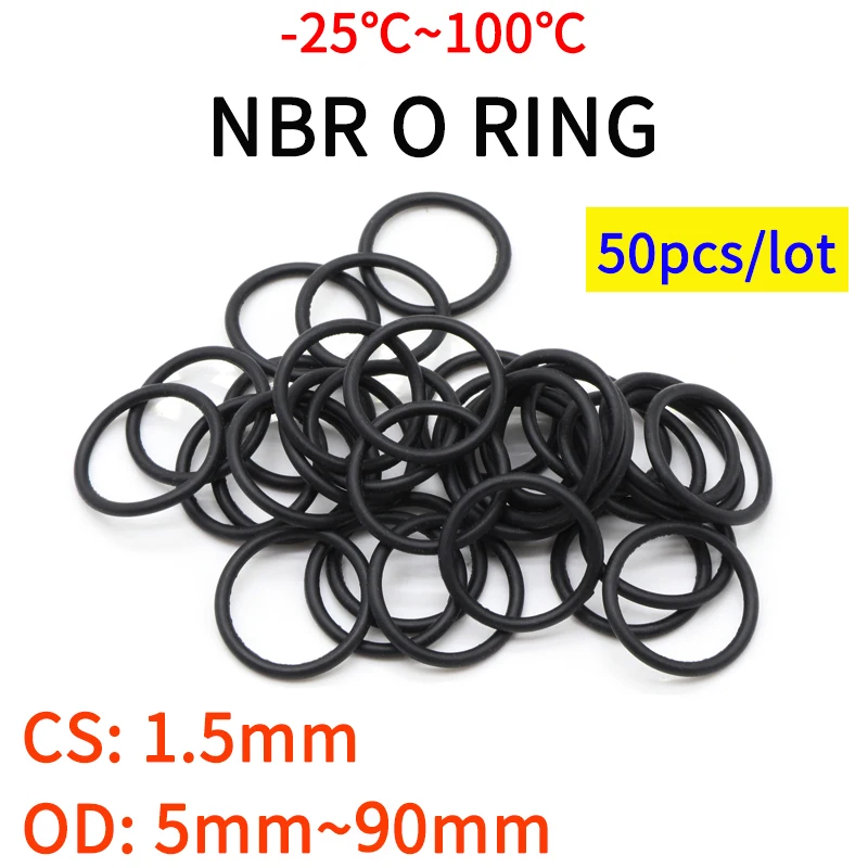 

50pc NBR O Ring Seal Gasket Thickness CS 1.5mm OD 5~90mm Nitrile Butadiene Rubber Spacer Oil Resistance Washer Round Shape Black