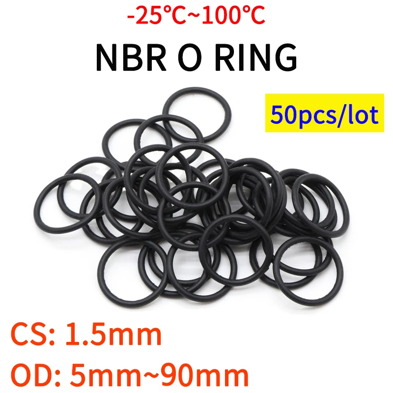 50pc NBR O Ring Seal Gasket Thickness CS 1.5mm OD 5~90mm Nitrile Butadiene Rubber Spacer Oil Resistance Washer Round Shape Black