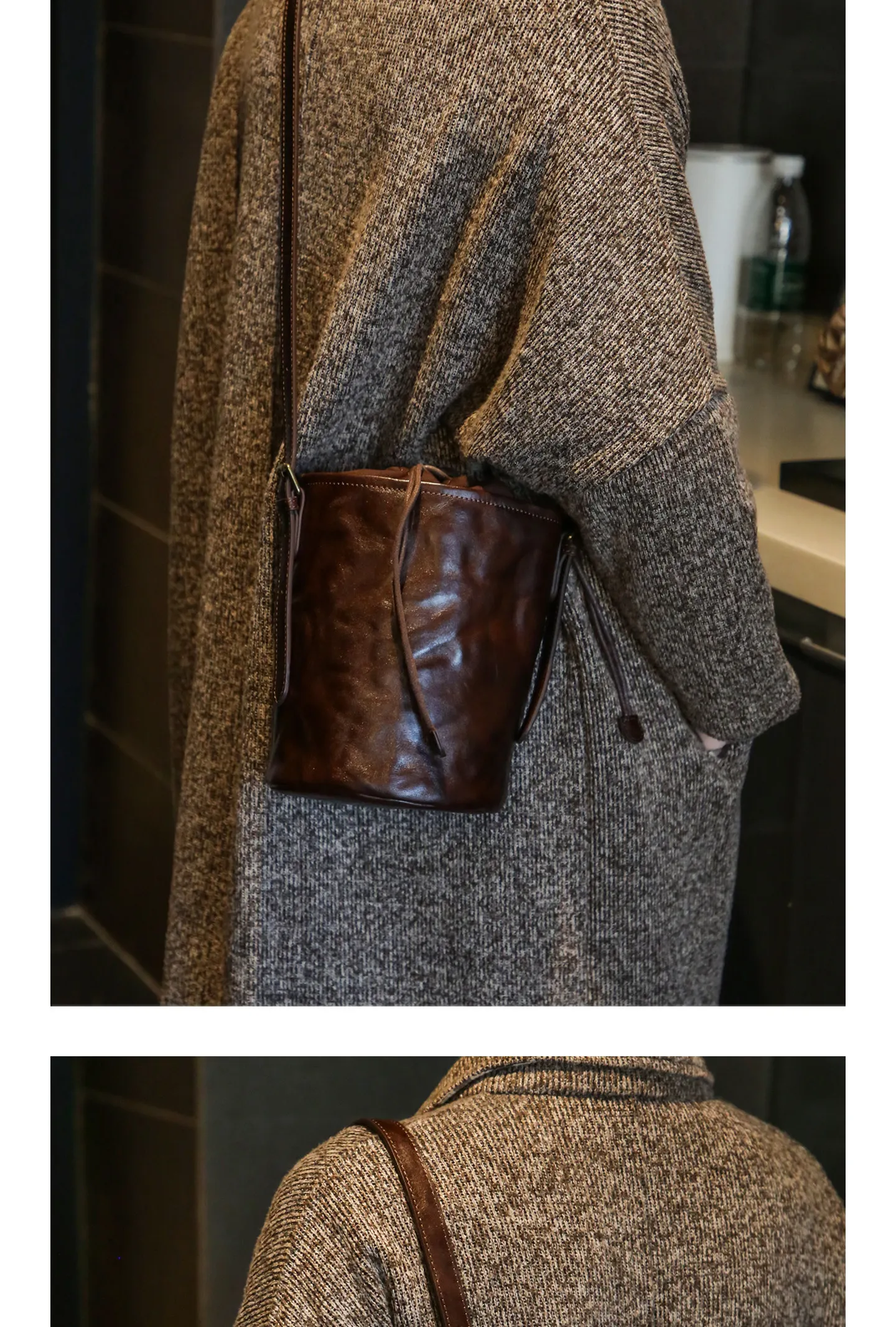 PNDME Vintage Designer handgefertigte, pflanzlich gegerbte Rindsleder-Damen-Beuteltasche, lässige Party-Umhängetasche aus echtem Leder. – Detail 7
