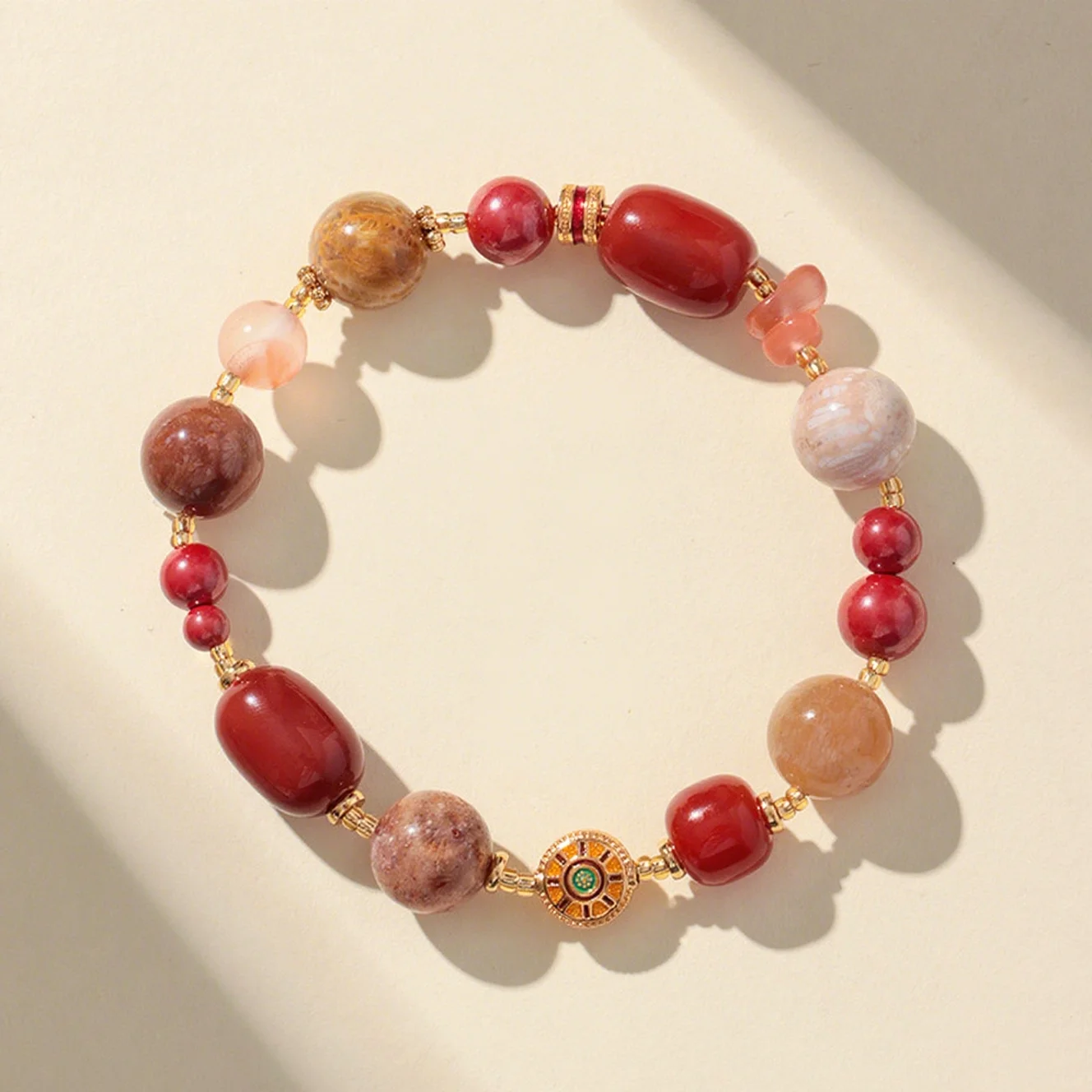 

Dunhuang Color Natural Multiple Gemstones Crystal Women's Beaded Bracelets Retro Red Agate Cinnabar Coral Jade Bangle 1598