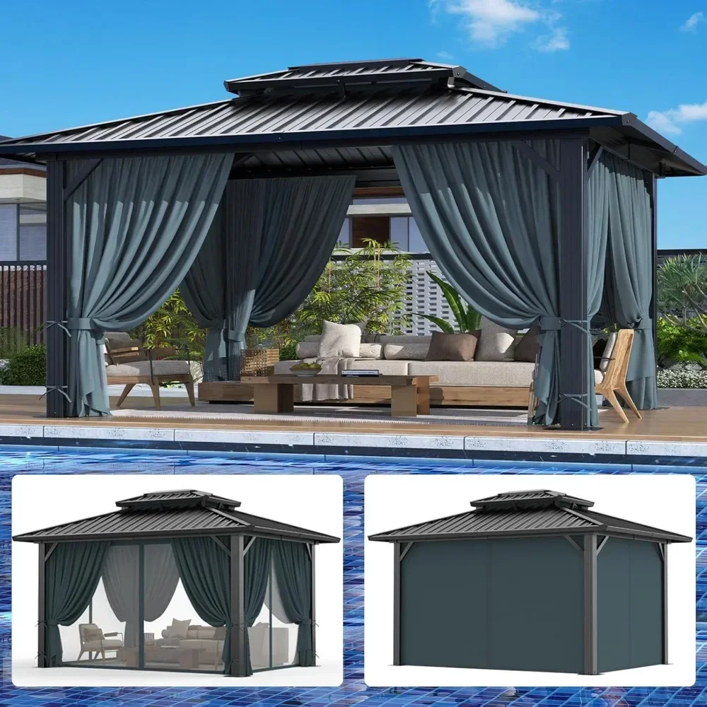 10x12ft Hardtop Gazebo  with Galvanized Steel Double Roof, Flame-Retardant Curtains and Netting, Aluminum Outdoor Pavilion