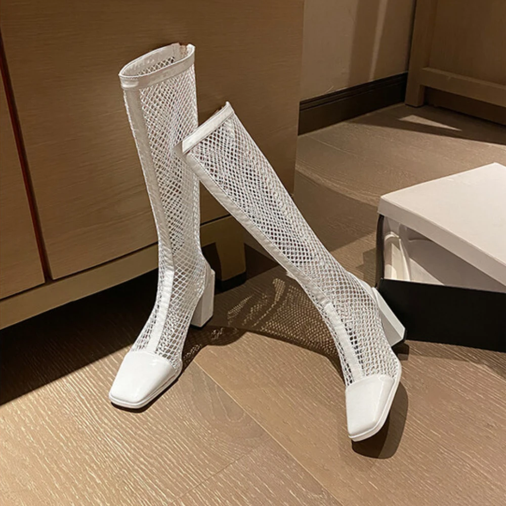 Spring and summer genuine leather mesh cool boots, women's high boots, bare boots, white high heels, hollowed out women's boots