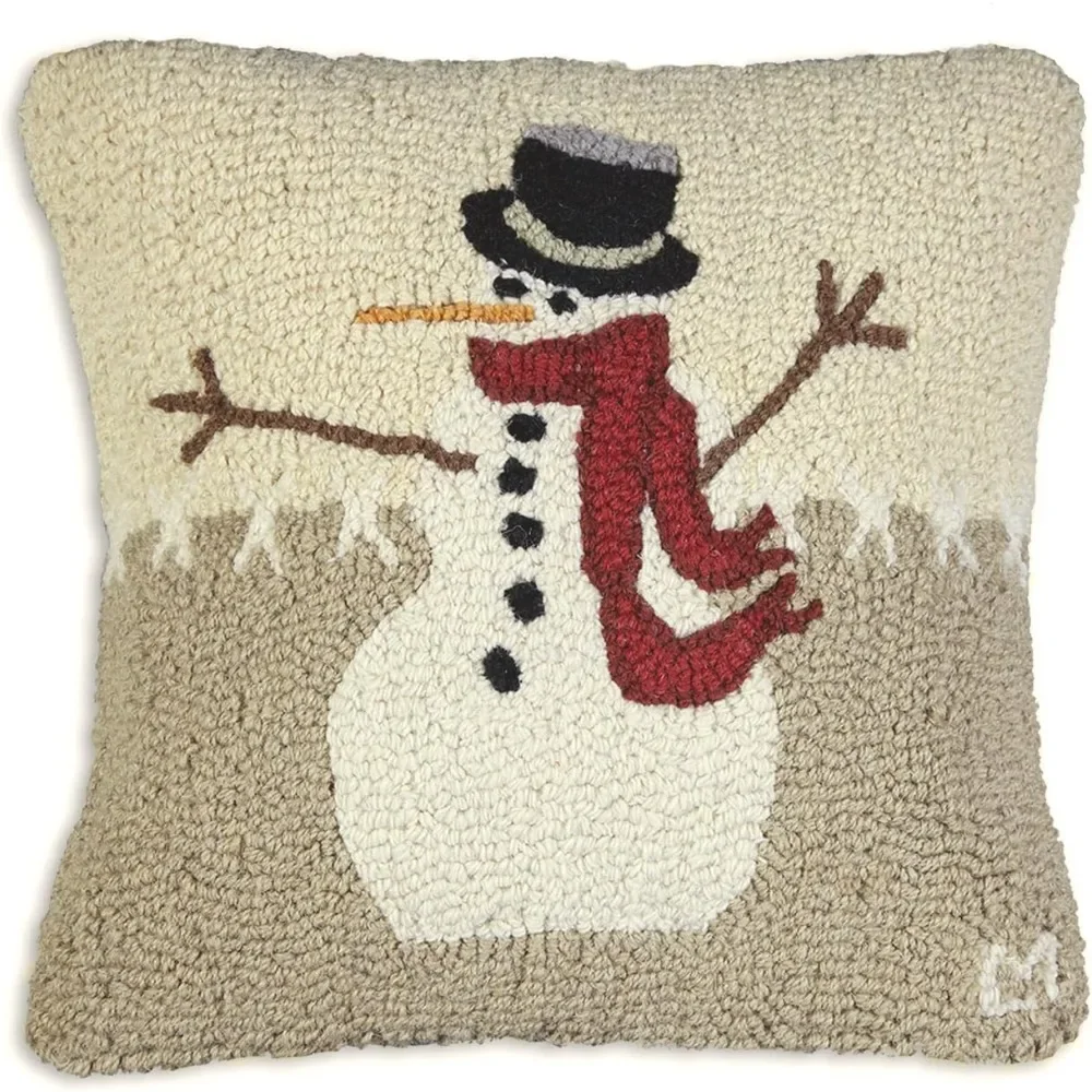 

Snowman in Stitches Hand-Hooked Wool Decorative Throw Pillow - 18x18 Christmas Pillow for Couches & Beds