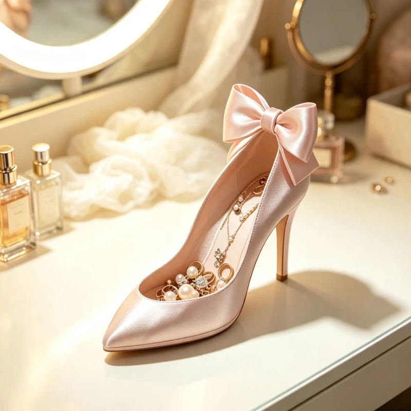 3D Printed Bow High Heel Jewelry Boxes, Silk Texture Vanity Organizer, Bedroom Storage Holder, Decorative Ornament Display Tray.